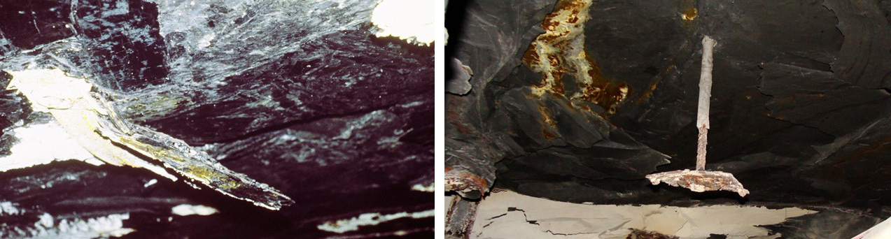 Slickensides and fractures in weak-shale mine roof.